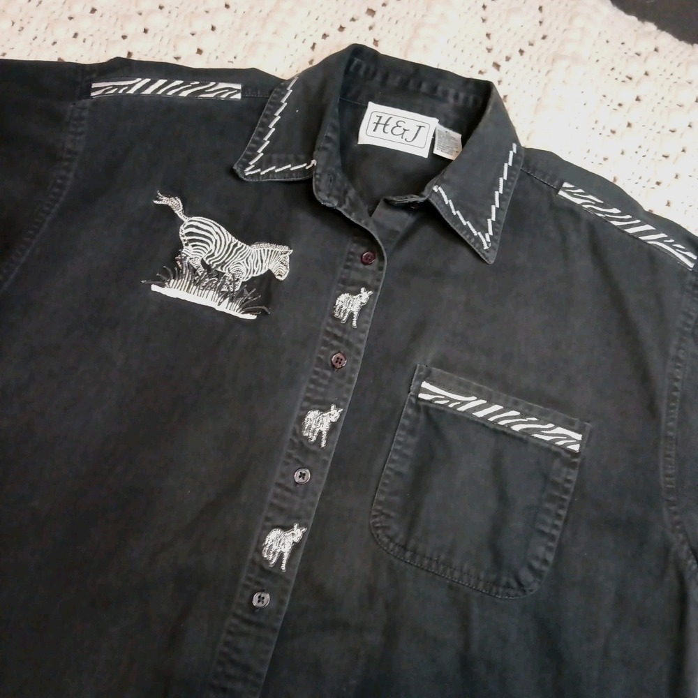 Vtg H & J Embroidered Zebra Button Up Shirt Animal Print XL Jungle Teacher Black